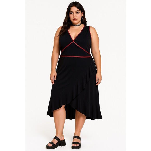 INC Womens Black Red Trim Midi Dress Asymmetrical Ruffle Hem Y2K Style Size L - Picture 1 of 15